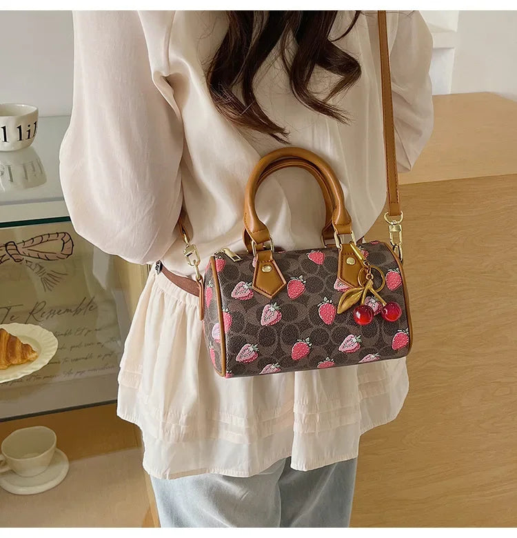 2026 Luxury Designers Crossbody Bags Cherry Pattern PU Leather Boston Handbag Shoulder Bags Bolsos Mujer Bags Woman Tote Bag
