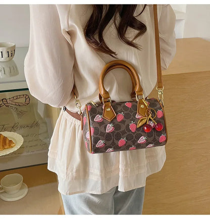 2026 Luxury Designers Crossbody Bags Cherry Pattern PU Leather Boston Handbag Shoulder Bags Bolsos Mujer Bags Woman Tote Bag