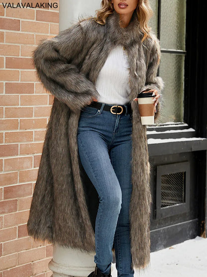 2026 Winter Stand Collar Faux Fur Long Coat Women Elegant Long Sleeve Fluffy Plush Jacket Lady Casual Thick Warm Furry Outwear