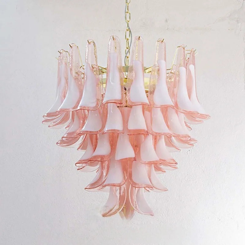 French Murano Petal Glass Chandelier Dining Table Living Room Antique Style Pink Petal Glass Pendant Chandelier Lights Bedroom