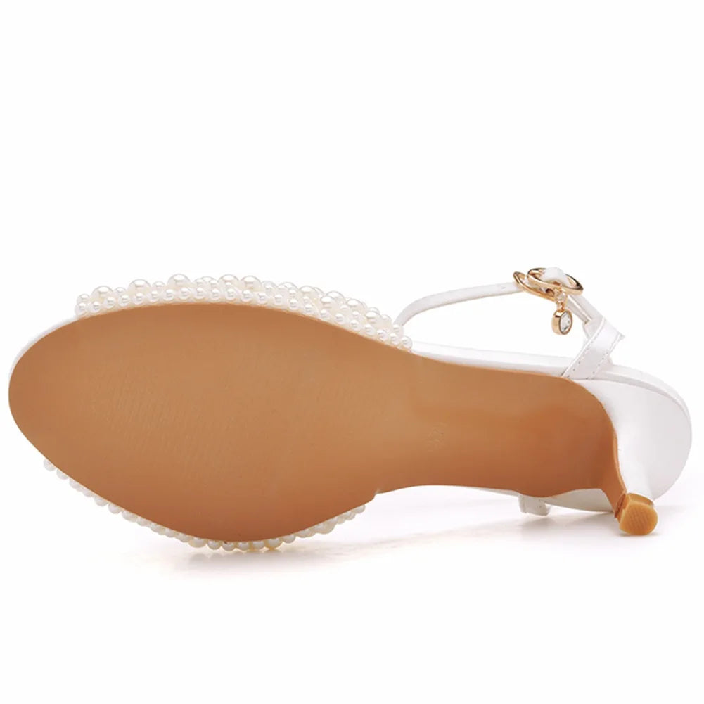 Maogu 6cm Fish Mouth High Heeled Sandals Buckle Wedding Bride Luxury Designer Shoes Heels Pearl Sandal Ladies Shoe Large Size 43