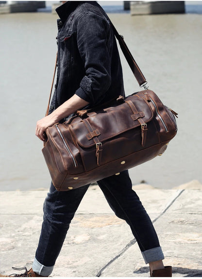 MUNUKI Vintage Crazy Horse Genuine Leather Travel bag  Large Luggage bag men Leather duffle bag Large Weekend Bag Tote Big
