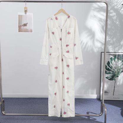 Elegant Print Women Jumpsuits Fashion Long Sleeve V-neck Zippers Female Overalls 2026 Summer Autumn All-match Lady Outfit New