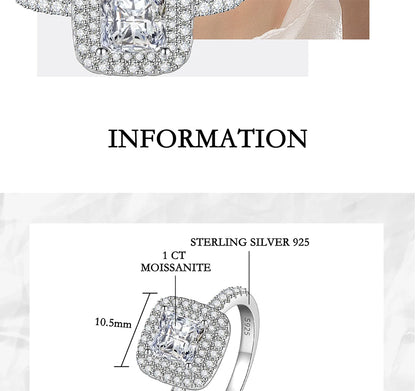 PERFANY 1CT Princess Square Cut Moissanite Ring Women S925 Pure Silver Laboratory Diamond Wedding Fashion Luxury Jewelry
