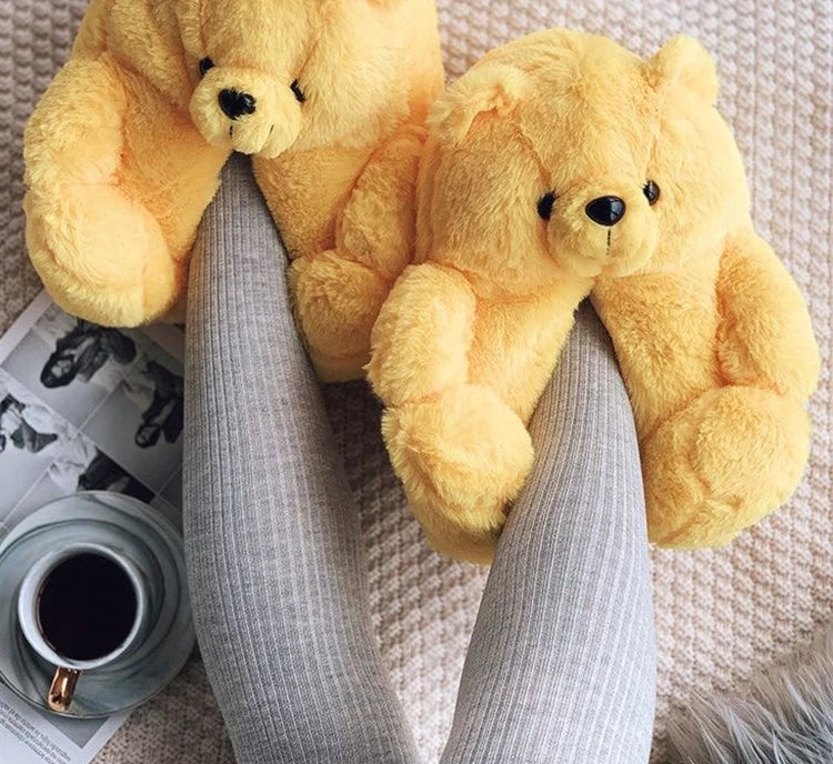 Cute Teddy Bear Plush Winter Slippers, Wrapped Heel Funny Indoor Floor Shoes, Women Gift, Warm Soft Cartoon Fluffy Animal Slippe