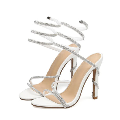 Luxury Crystal Snake Coiled Women Sandals Sexy Narrow band Thin High heels Wedding Party Female Gladiator Sandals Summer Shoes