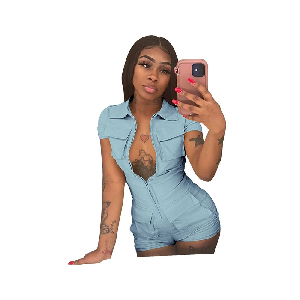Red Jumpsuit for Woman Short Zipper V Turn Down Short Sleeve Overall Jumpsuit Shorts Casual Pockets Bodycon Rompers 2XL