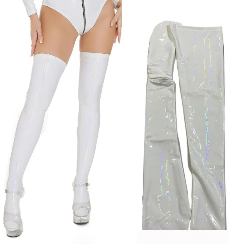 Faux Leather Thigh High Sexy Stockings Wetlook Oil Shiny PVC Leather Party Stockings For Women Cosplay Clubwear Sexy Hosiery