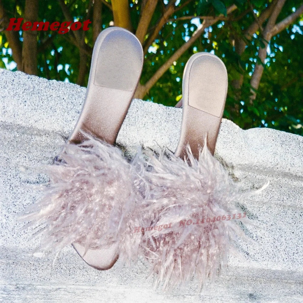 Purple Fluffy Fur Stiletto Heels Slippers Open Toe Satin Slip On Women Mules Summer Solid Patchwork Cute Casual Shoes Luxury