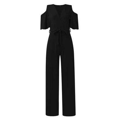 Jumpsuit Summer Pure Color Women Sexy Deep V Neck Short Sleeve Rompers Fashion Slim Fit Lace Up Elegant Female Wide Leg Jumpsuit
