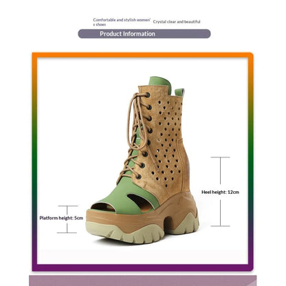 Women's Peep Toe Wedge Boots Summer Hollow Out Lace Up Side Zipper Platform Wedge Heel Breathable Fashion Retro Casual Shoes