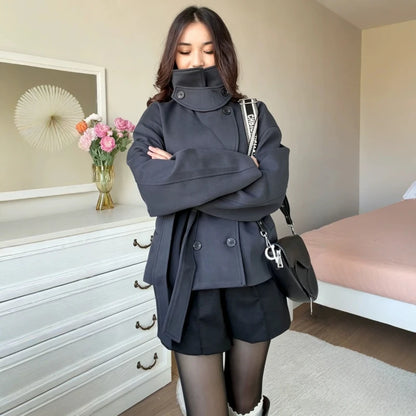 Winter Women's Black Fall Winter Double Breasted Belted Coat High Neck Long Sleeve Short Peacoat Elegant Casual Warm Outerwear