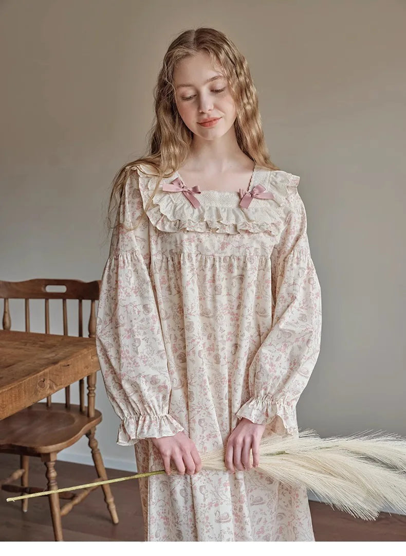 New Spring and Fall Ladies Nightgown Cute Sweet Lace Lacy Lazy Wind Girl Students Foreign-Style Pajamas Home Wear Dresses