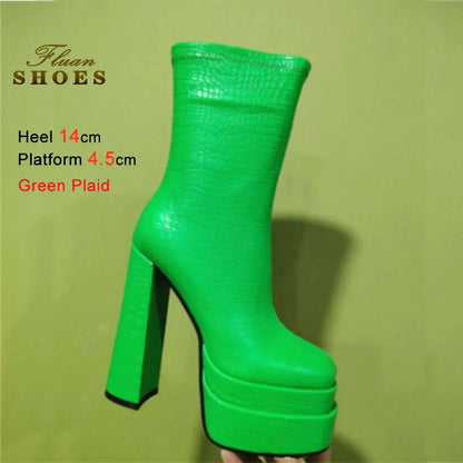 Foreign Trade Women's Shoes Fashion Super High Heels Platform Short Boots New Chunky Heel Mid-calf Boots Casual Ankle Boots CD