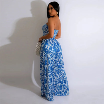 Elegant Print Jumpsuits for Woman Romper Sleeveless Backless Strapless High Waist Loose Straight Wide Leg Jumpsuit Club Clothing