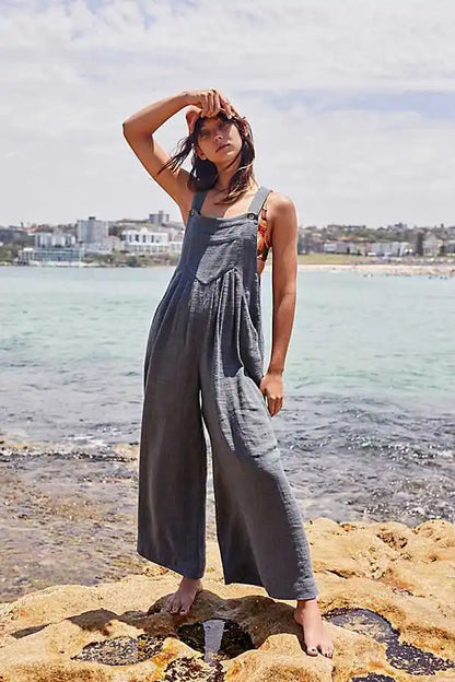 Women Summer Boho Jumpsuit Overalls Solid Ethnic Style Square Neck Sleeveless Casual Jumpsuit Pockets Loose Pants Jumpsuits 2024