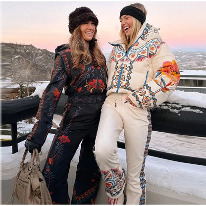 Floral Print One Piece Ski Suit Fashion Hooded Waterproof Thermal Snowboard Jumpsuit 2026 Winter Outdoor Windproof Snow Outfit
