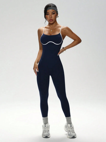 U-Back Contrast Trim Yoga Bodysuit Adjustable Thin Strap One Piece Workout Jumpsuit High Stretch Butt Lifting Gym Fitness Romper