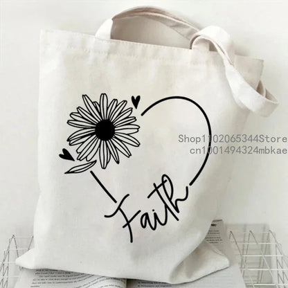 Faith Printed Heart Graphics Women Canvas Shoulder Tote Bag Casual Fashion Shopping Cases Bag Storage Handbag Christian Gifts
