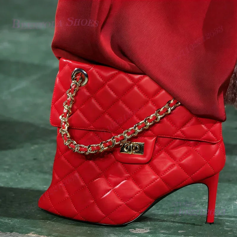 Red Handbag Chain Boots Pointed Toe Women Brown Leather Plaid Metal Buckle Heels Ankle Calf Booties Girl White Stiletto Shoes