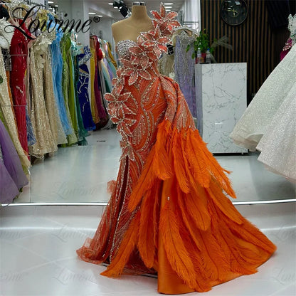 Orange Long Feathers Celebrity Dresses Mermaid Beaded Crystals Red Carpet Runway Dresses Customized Evening Gowns Vestidos 2025