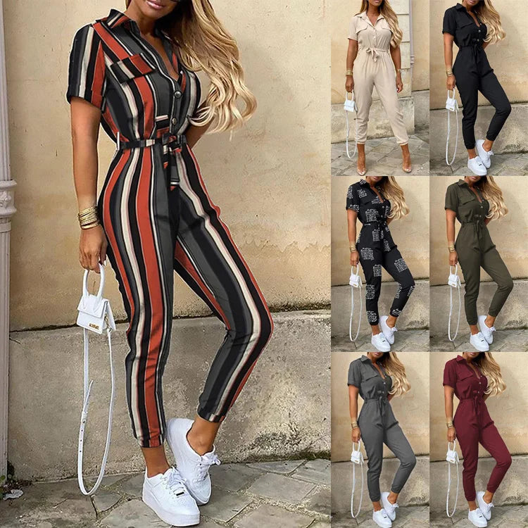 2025 New Women's Jumpsuit Casual Workwear Summer Romper with Print Button-up Lapel Waist Belt Slim Fit One Piece Pants Set Fashi