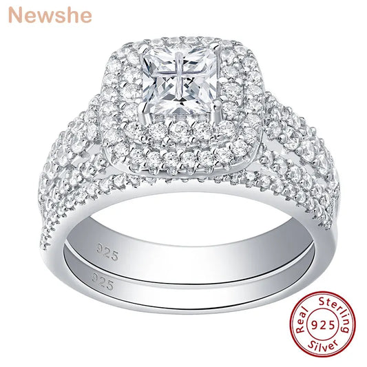 Newshe Luxury 925 Sterling Silver Halo Wedding Ring Set for Women Elegant Yellow Gold Plated Princess Simulated Diamond Rings