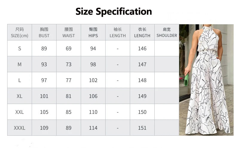 Summer Women's Elegant Waist Halter Jumpsuit Tie Sleeveless Wide Leg Long Pant Bodycon Abstract Print Streetwear Romper Mujer