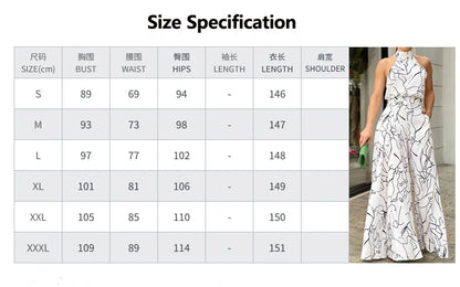 Summer Women's Elegant Waist Halter Jumpsuit Tie Sleeveless Wide Leg Long Pant Bodycon Abstract Print Streetwear Romper Mujer