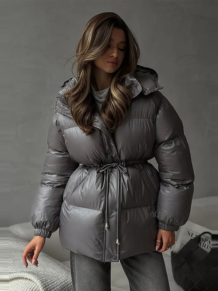 2026 Winter Warm Hooded Padded Cotton Coats Women Casual Drawstring Waist-closed Thick Jackets Female Chic Outerwear Lady New