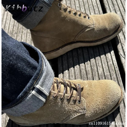 Yellow Street Style High-Top Suede Work Ankle Boots Men's Lace Up Flat Shoes Outdoor Trendy Versatile Daily Casual Short Boots