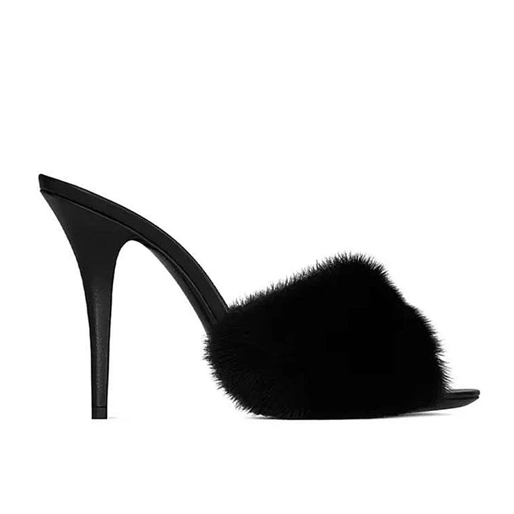Mink fur high heels for women, slim heels, summer new style, open toe slippers, sexy fish mouth leather party sandals for women