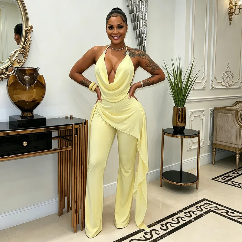 Fake two piece chiffon spliced hanging neck strap and ribbon jumpsuit pants