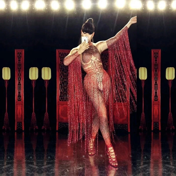 Shining Rhinestone Red Fringe Jumpsuits Women Long Sleeve Stretch Leotard Nightclub Singer Pole Dance Stage Wear Tassel Costume