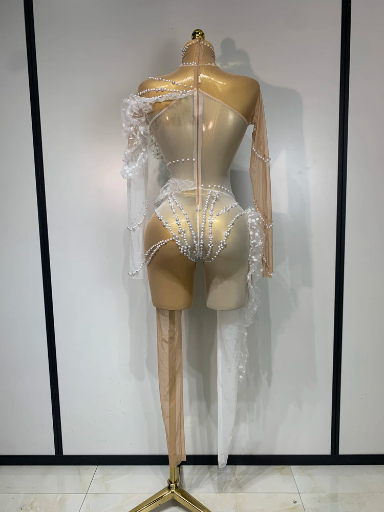 Women Sexy See Through Mesh Ruffles Pearls Jumpsuits Nightclub Party Jumpsuits Skinny Rompers Stage Show Singer Dance Outfit