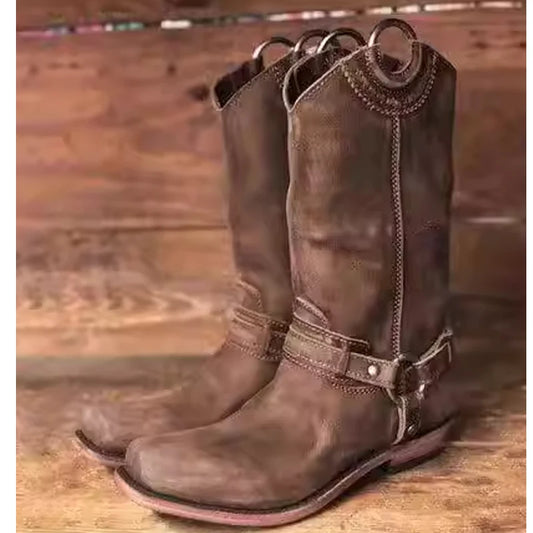 Men's Retro Chunky Heels Western Cowboy Mid-Calf Boots 2026 Buckle Strap Low Heel Vintage Biker Boots Casual Riding Footwear