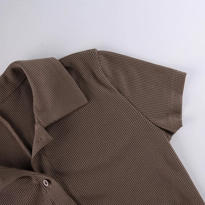 Fashion Solid Color Lapel Short Playsuit One-Piece Slim Fit Button Down Short Sleeve Rompers Casual Knit Y2k Womens Clothing