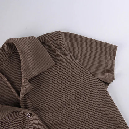 Fashion Solid Color Lapel Short Playsuit One-Piece Slim Fit Button Down Short Sleeve Rompers Casual Knit Y2k Womens Clothing