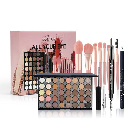 POPFEEL Professional Eye Makeup Set: Eyeshadow Palette, Eyeliner, Brow Pencil, Mascara +8 Makeup Brushes - Perfect for Beginners