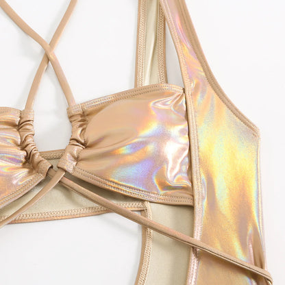 Sexy Glitter Metallic Halter Swimsuit One Piece Hollow Out Tie Bikinis Swimwear Bodysuits Women Biquini Bathing Suits Tankini