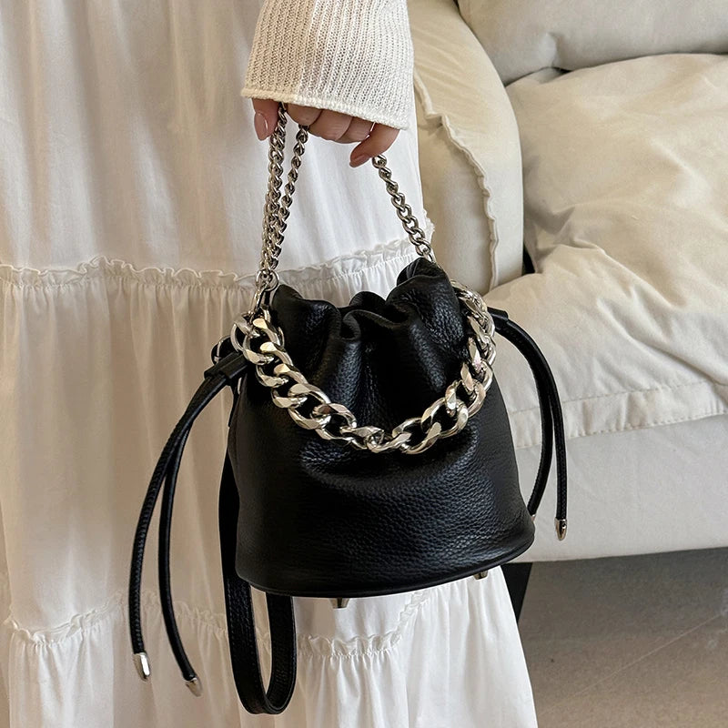 100% Genuine Leather Women Shoulder Crossbody Bags High Quality Solid Color Cow Leather Bucket Handbag Luxury Female Sac
