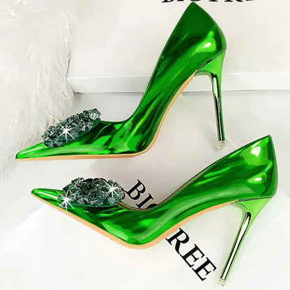 Women 10.5cm High Heels Glossy Leather Drag Queen Banquet Dress Pumps Lady Luxury Crystal Bow Stiletto Blue Green Red Prom Shoes