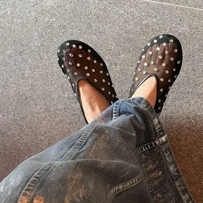Luxury Glitter Rhinestone Designer Mesh Flats Women Summer Fashion Light Breathable Mules Loafers Elegant Comfort Ballet Shoes