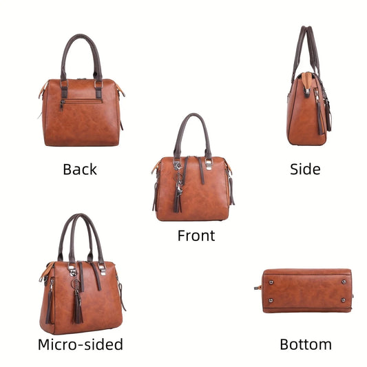4Pcs Vintage Soft PU Leather Women Handbag Set Large Capacity Tote Shoulder Crossbody Bag Fashion Ladies Clutch Purse Card Wallet With Cute Tassel Pendant Multi Matching Bag Kit For Daily Shopping Travel Party Daily Use