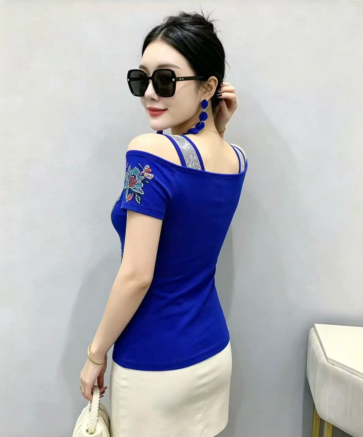 High Quality Elasticity Clothes Fashion T-Shirts Women's Sexy Off Shoulder Shiny Diamonds Mesh Tops Summer Tees Shirt