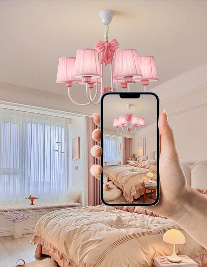 Romantic Princess Room Pink Chandelier Lamps French Bow Tie Pendant Light LED E27 Kids Girl Baby Bedroom Ceiling Chandelier Lamp