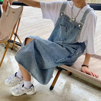 Korean style Denim Overall Dress Women Sleeveless Jeans Dresses Female Solid Slip Casual Loose Spaghetti Strap Dresses