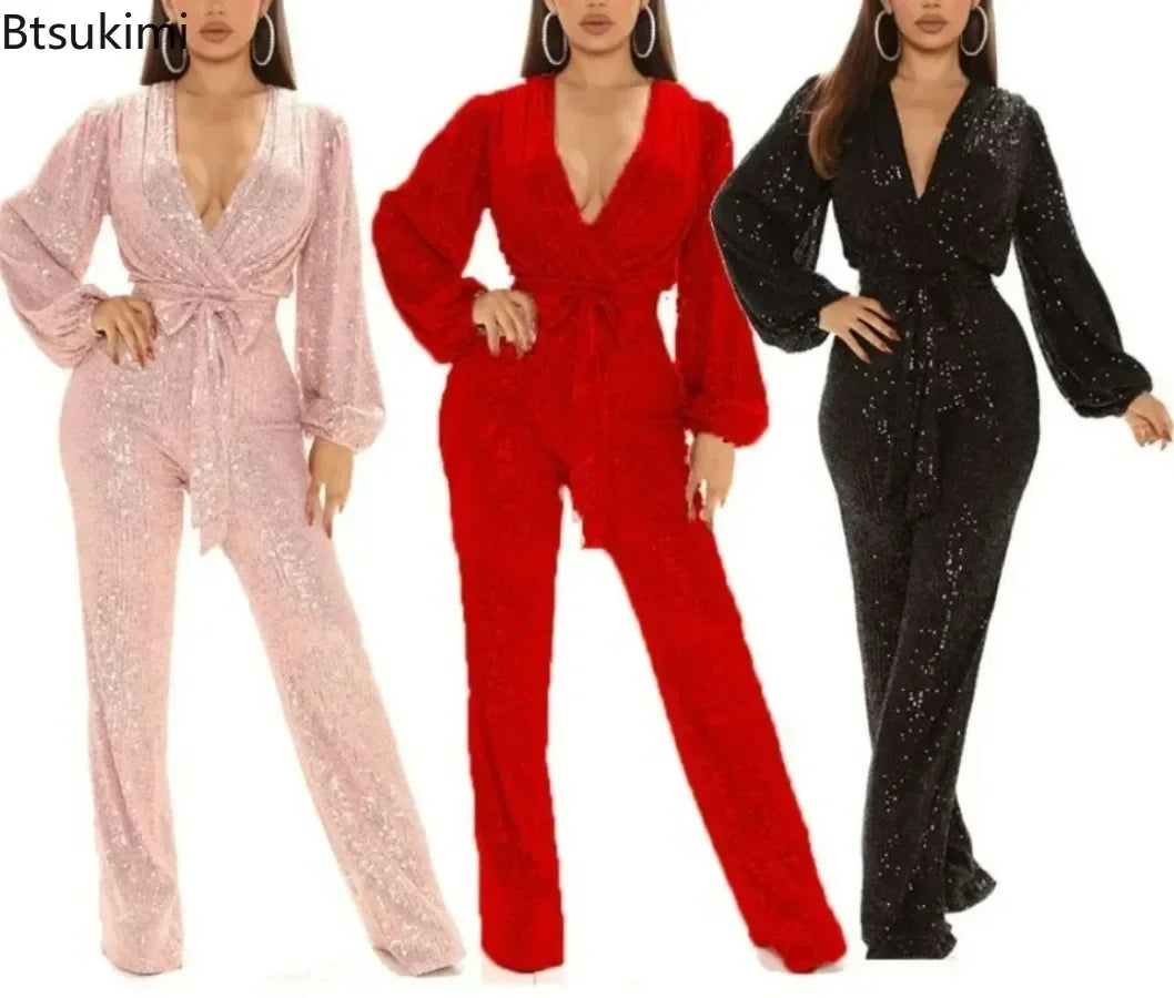 2026 Women's Elegant Sequined Jumpsuit Spring Summer Ladies Bling Bling V-neck High Waist Rompers Overalls with Lantern Sleeve