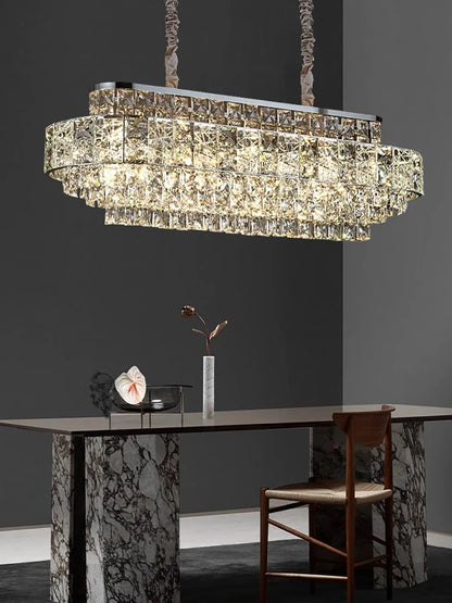 Luxury Glittering Crystal Long Pendant Lights Modern Lustres LED Oval Hanging Lamps for Ceiling Home Decor for Dining Room