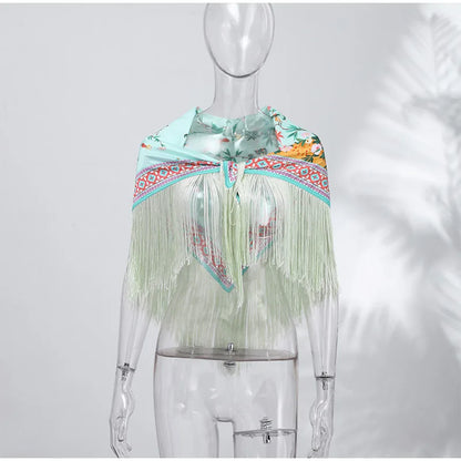 Fashion Vintage Printed Tassel Square Scarf Women Fringe Patchwork Shawl Waist Seal Accessories 2026 Spring Summer Street Shawls